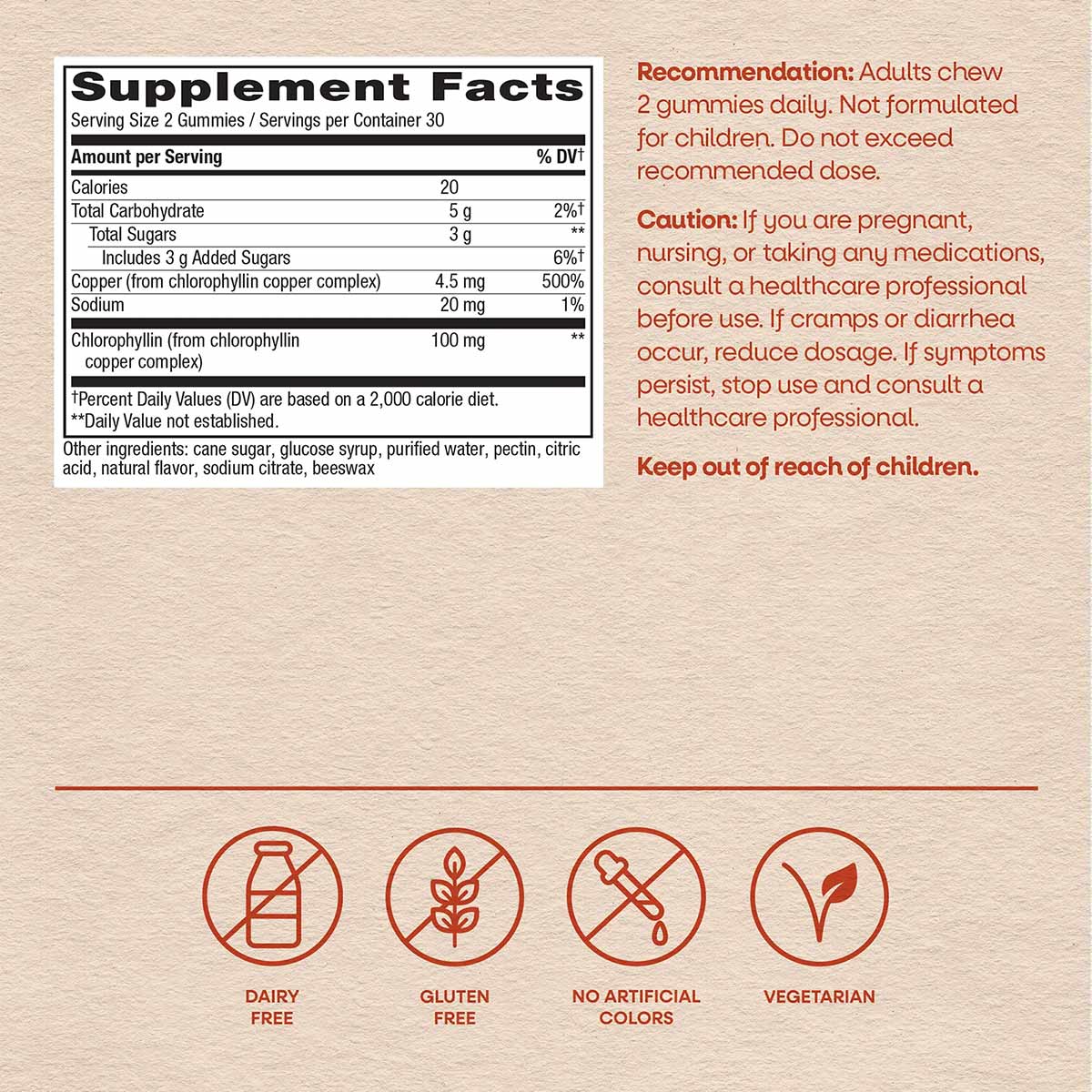 Supplement facts label for chlorophyll gummies showing serving size, nutritional information, ingredients, and product certif