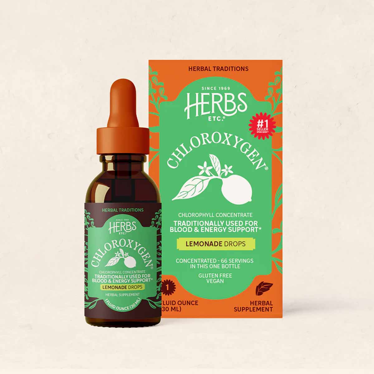 Brown glass dropper bottle of Chloroxygen Lemonade Drops next to its green and orange box packaging by Herbs, Etc.