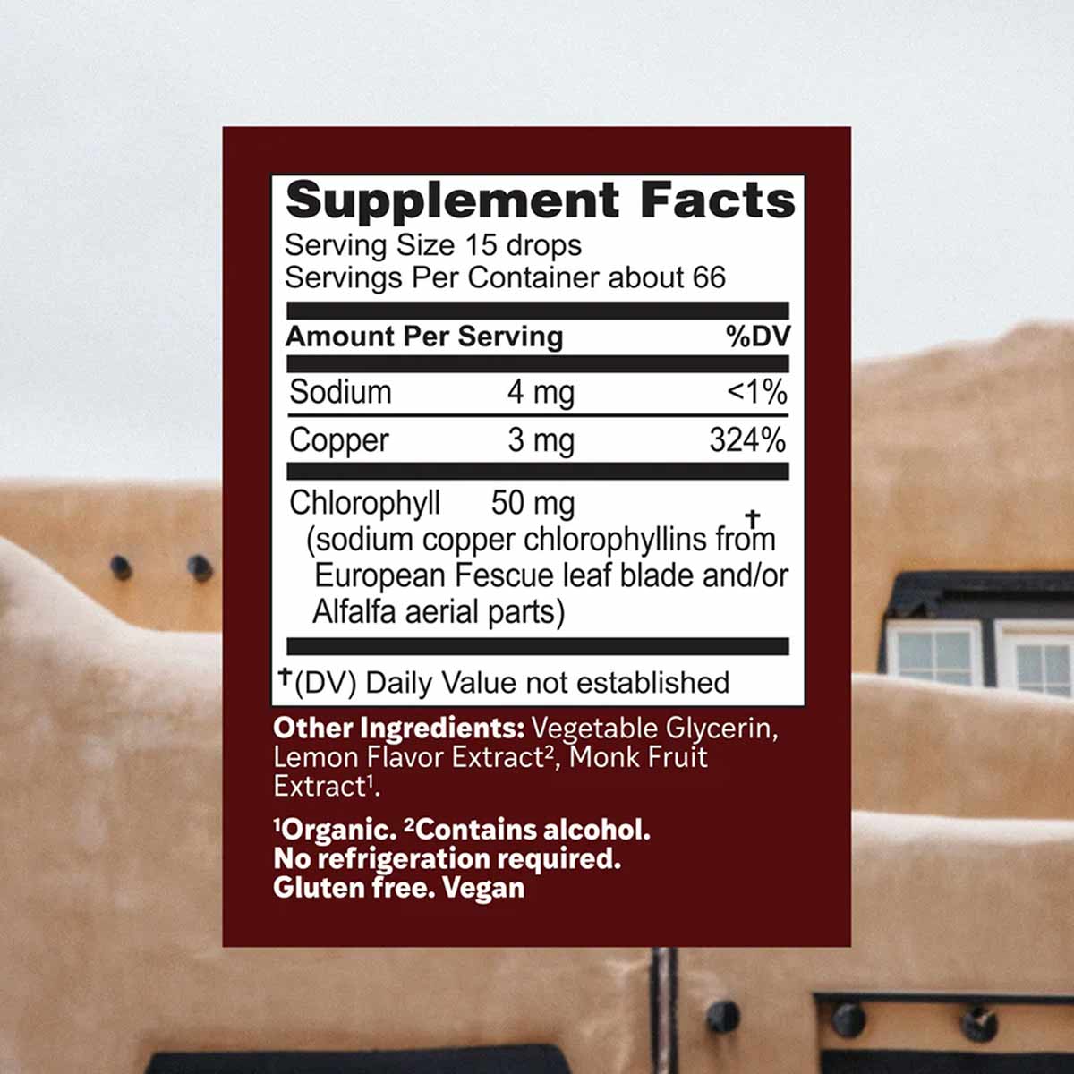 Supplement Facts label for Chloroxygen Lemonade Drops showing serving size, ingredients including chlorophyll and copper, and