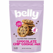 A lavender pouch of Belly gluten-free chocolate chip cookie mix showing a stack of baked cookies and pink badges.