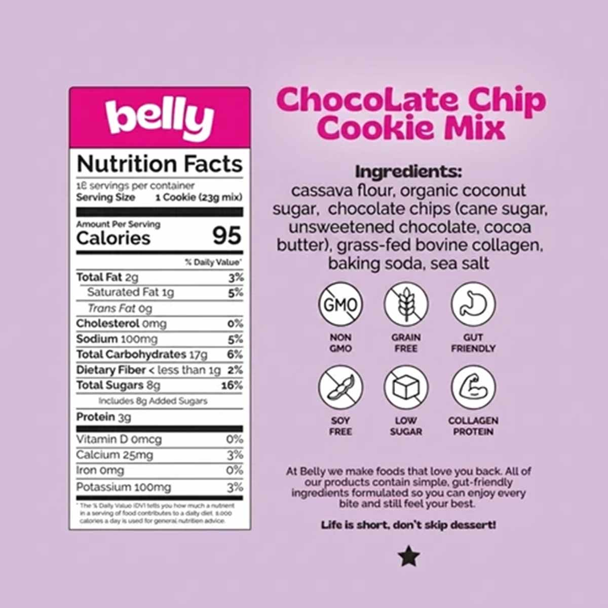 Nutrition facts panel and ingredient list for Belly chocolate chip cookie mix on a lilac background, with six icons including grain free.