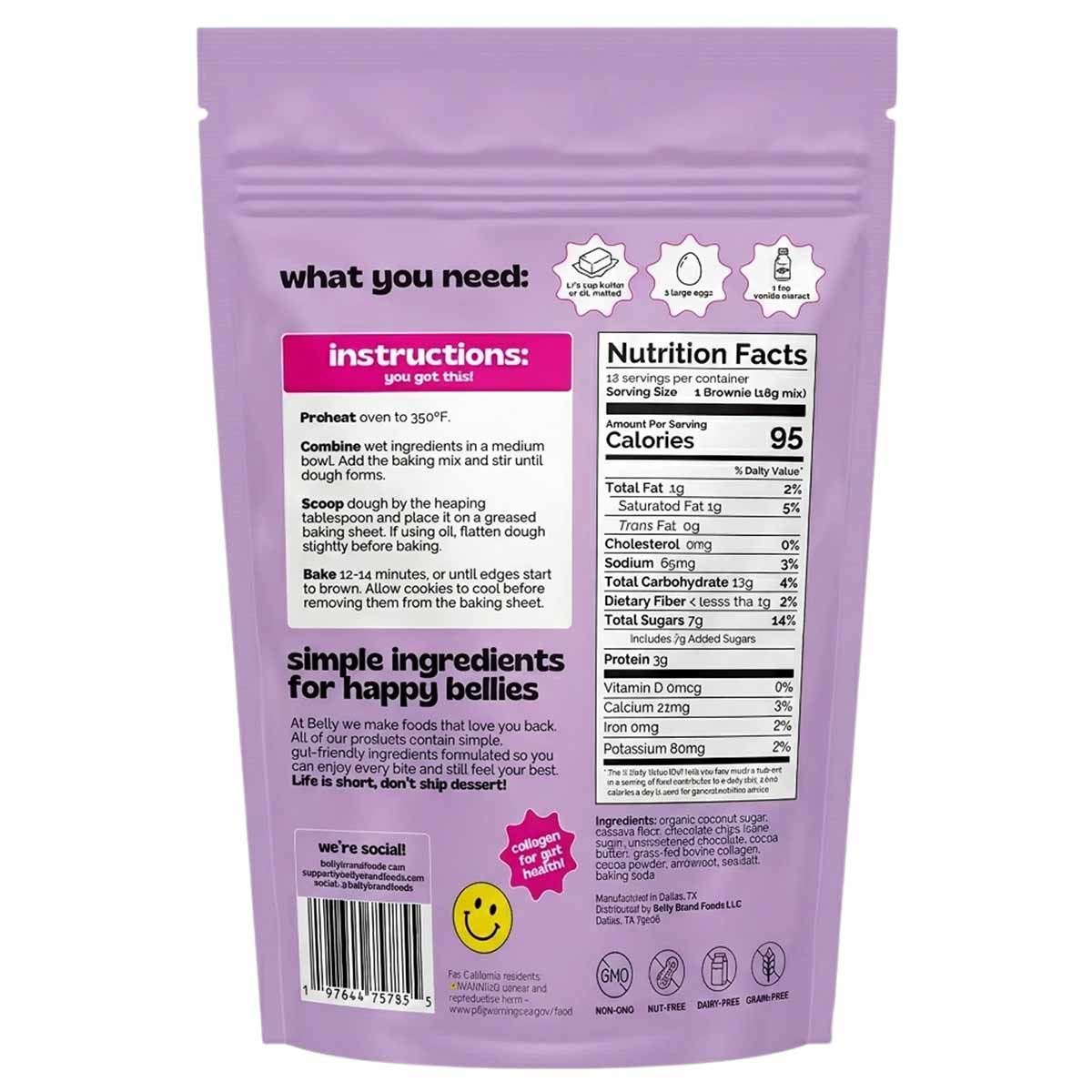 Back of a purple cookie mix pouch showing baking instructions, a Nutrition Facts panel, ingredients list, and a smiley face.