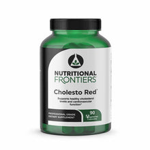 Green bottle of Nutritional Frontiers Cholesto Red dietary supplement containing 90 vegetarian capsules with black screw cap.