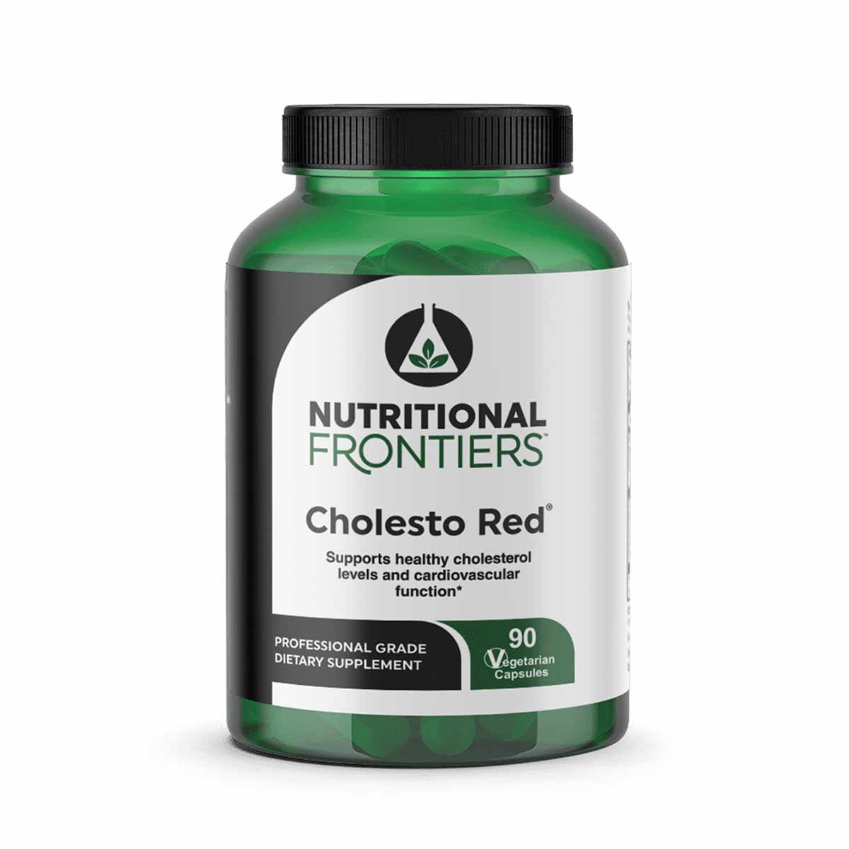Green bottle of Nutritional Frontiers Cholesto Red dietary supplement containing 90 vegetarian capsules with black screw cap.