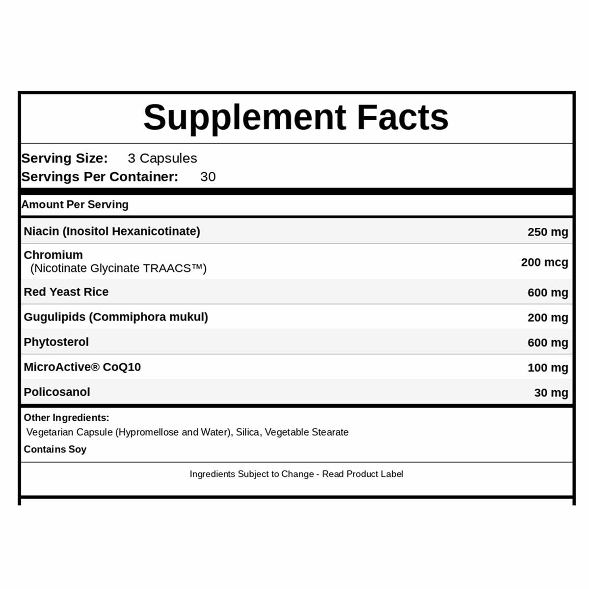 Supplement Facts label showing ingredients including niacin, chromium, red yeast rice, gugulipids, phyosterol, CoQ10, and pol