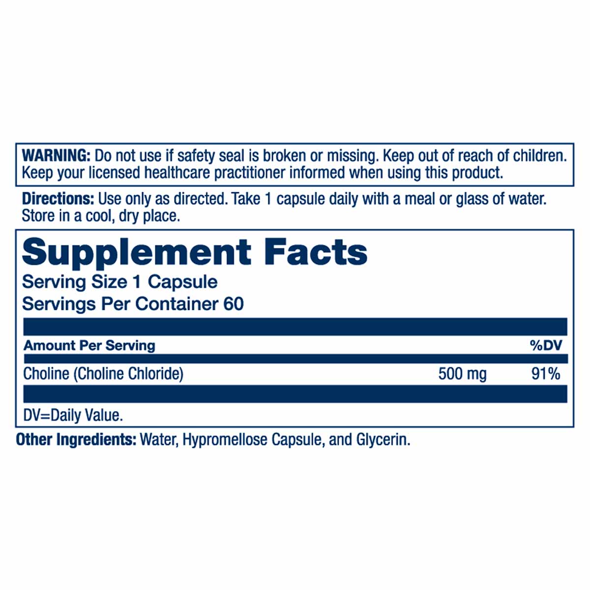 Solaray Choline supplement label showing 500mg choline chloride per capsule with directions and ingredient information.