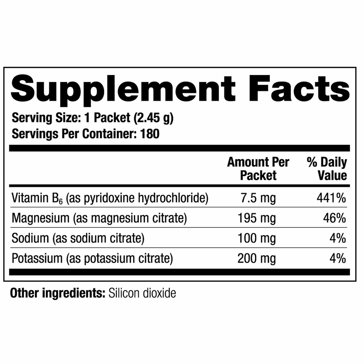 Supplement Facts label for CitraLith showing 180 packets with vitamins and minerals including magnesium citrate and potassium