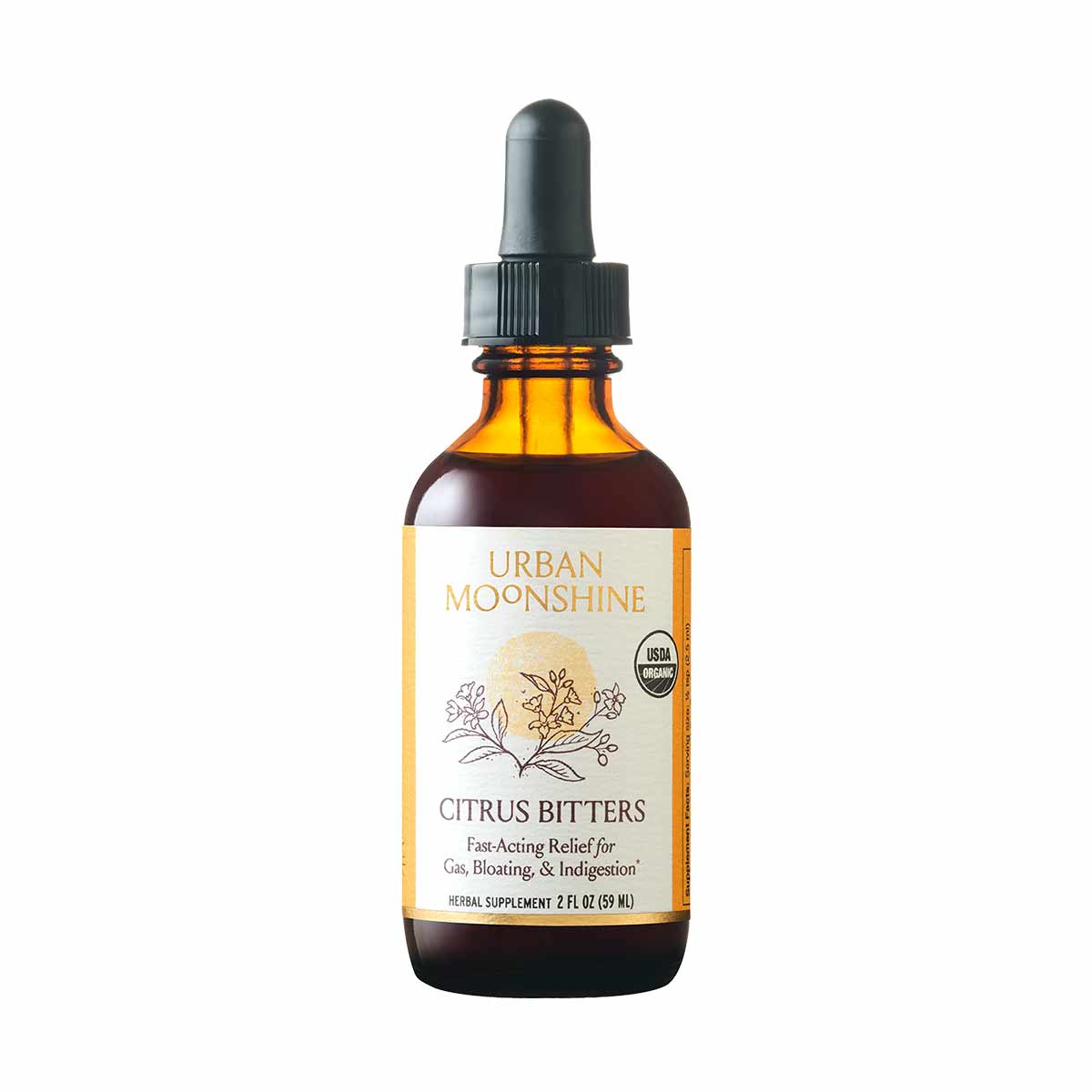 Amber glass bottle with black dropper top and white label reading "Urban Moonshine Citrus Bitters," 2 fl oz herbal supplement