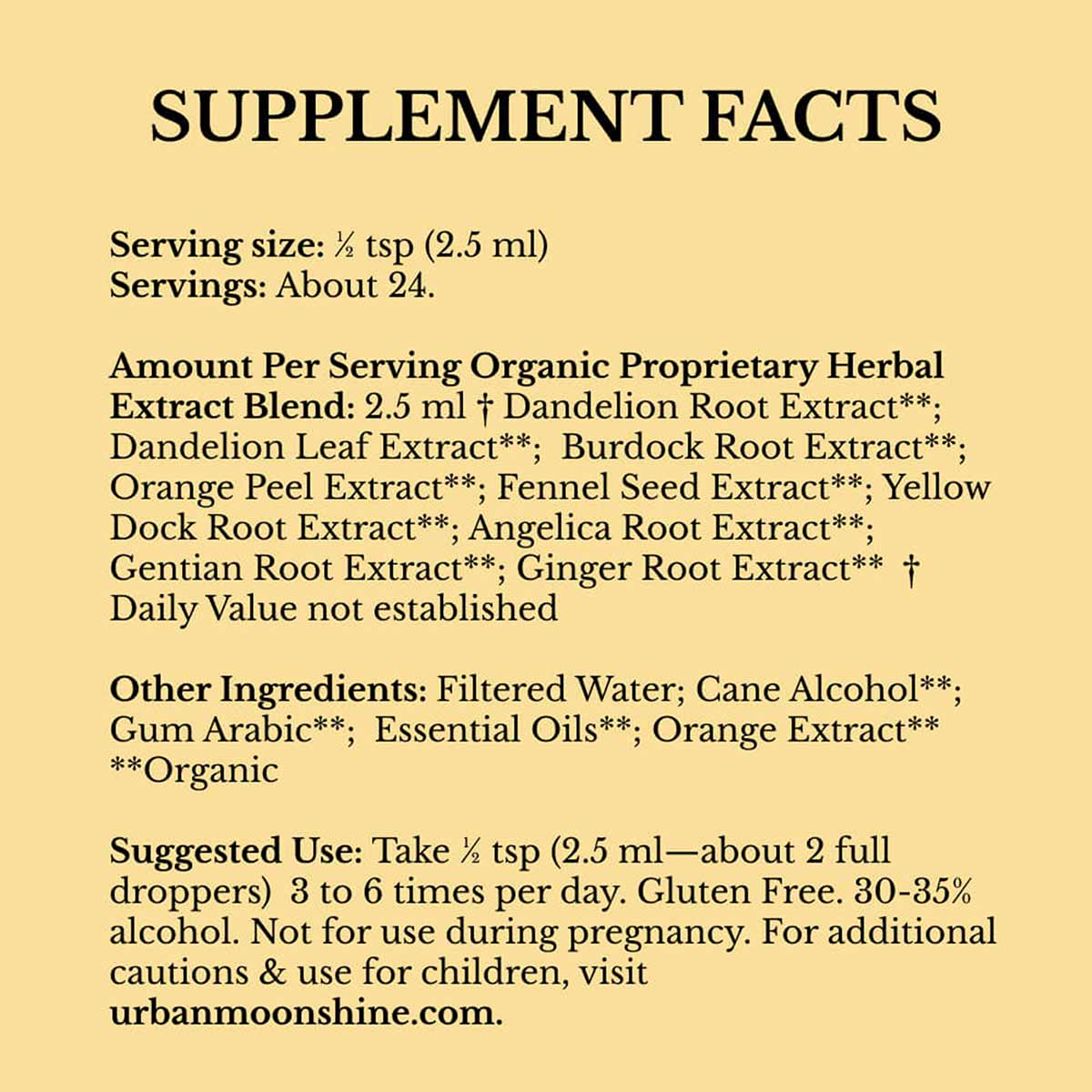 Supplement Facts label for Citrus Bitters showing serving size, herbal extract blend ingredients, and usage instructions on c