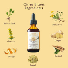 Dark amber glass dropper bottle of Citrus Bitters by Urban Moonshine surrounded by ingredient illustrations including yellow 