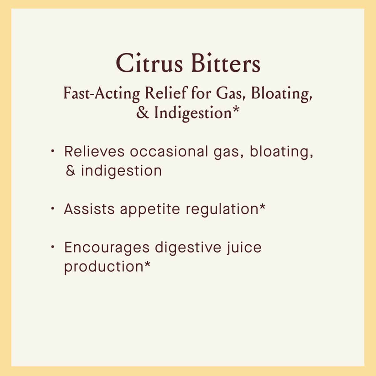 Citrus Bitters product label with text describing relief for gas, bloating, and indigestion benefits.