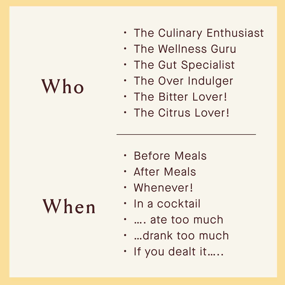 Text listing product uses for Citrus Bitters, organized under "Who" and "When" sections with consumer personas and usage occa