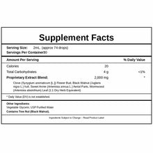 Supplement Facts label for Clarkia Green Black Walnut extract, 2 oz bottle, listing serving size, ingredients, and nutritiona