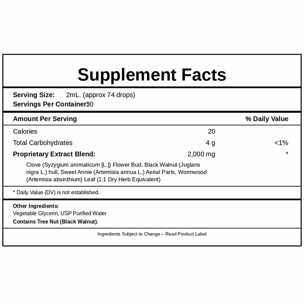Supplement Facts label for Clarkia Green Black Walnut extract, 2 oz bottle, listing serving size, ingredients, and nutritiona