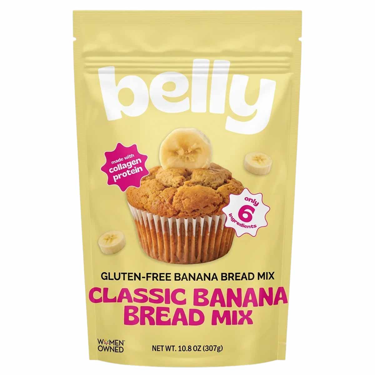 A pale yellow pouch of Belly gluten-free banana bread mix shows a banana muffin topped with a banana slice and pink labels.