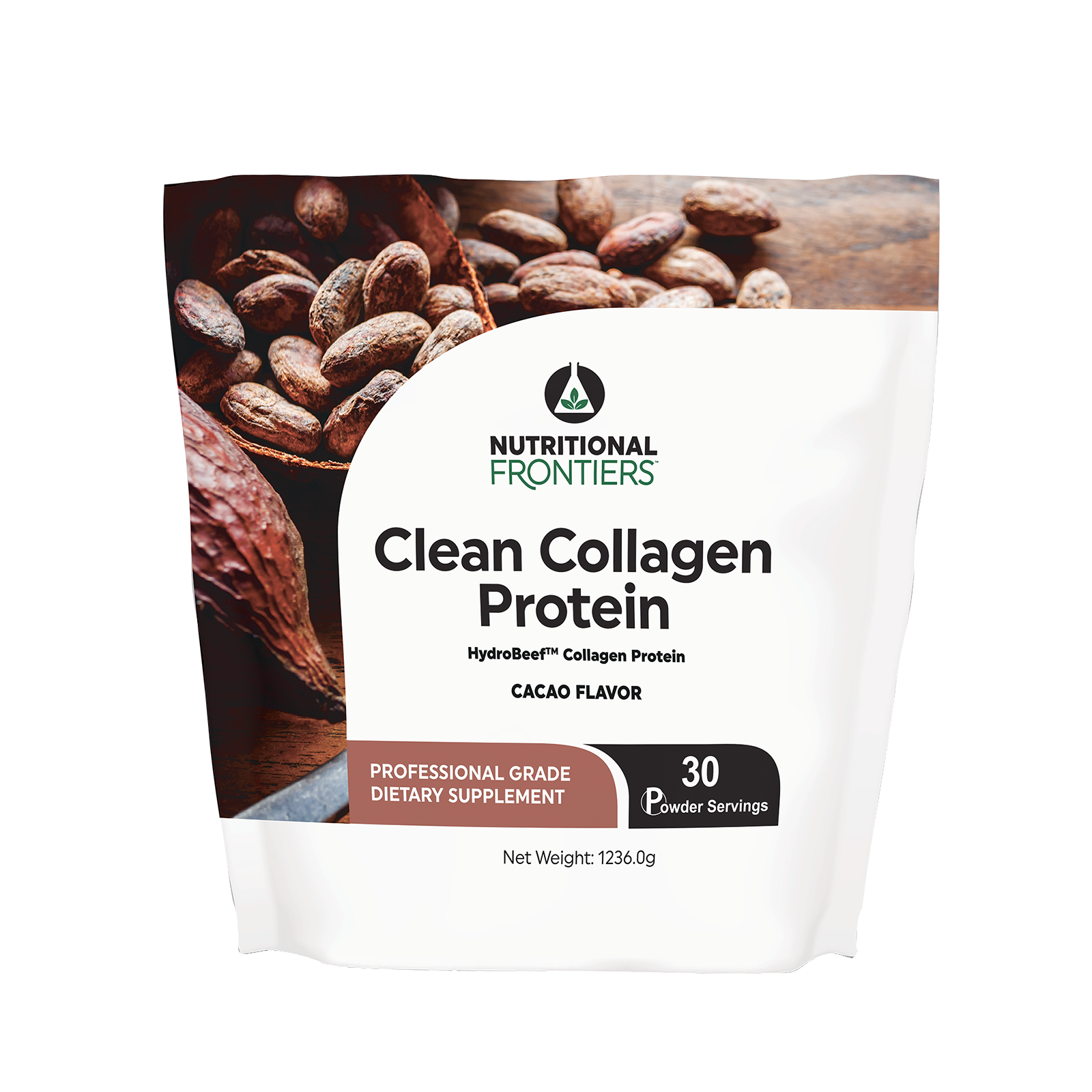 White pouch of Nutritional Frontiers Clean Collagen Protein in cacao flavor with cacao pod imagery, 30 powder servings, 1236.