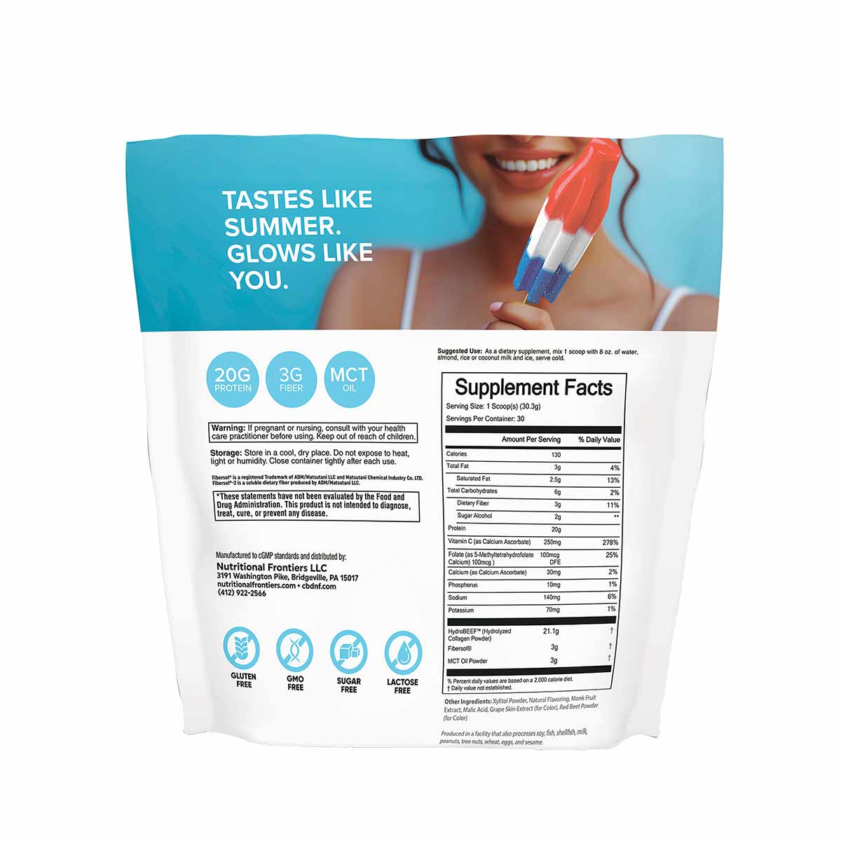 White pouch of Clean Collagen Protein by Nutritional Frontiers with blue header, supplement facts label, and certification ic