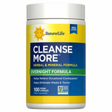 Renew Life Cleanse More overnight formula dietary supplement bottle with 100 vegan capsules, yellow and blue label.