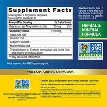 Cleanse More supplement bottle label showing herbal and mineral formula with vegetarian capsules, Non-GMO Project Verified ce