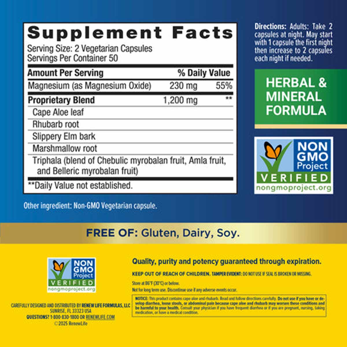 Cleanse More supplement bottle label showing herbal and mineral formula with vegetarian capsules, Non-GMO Project Verified ce