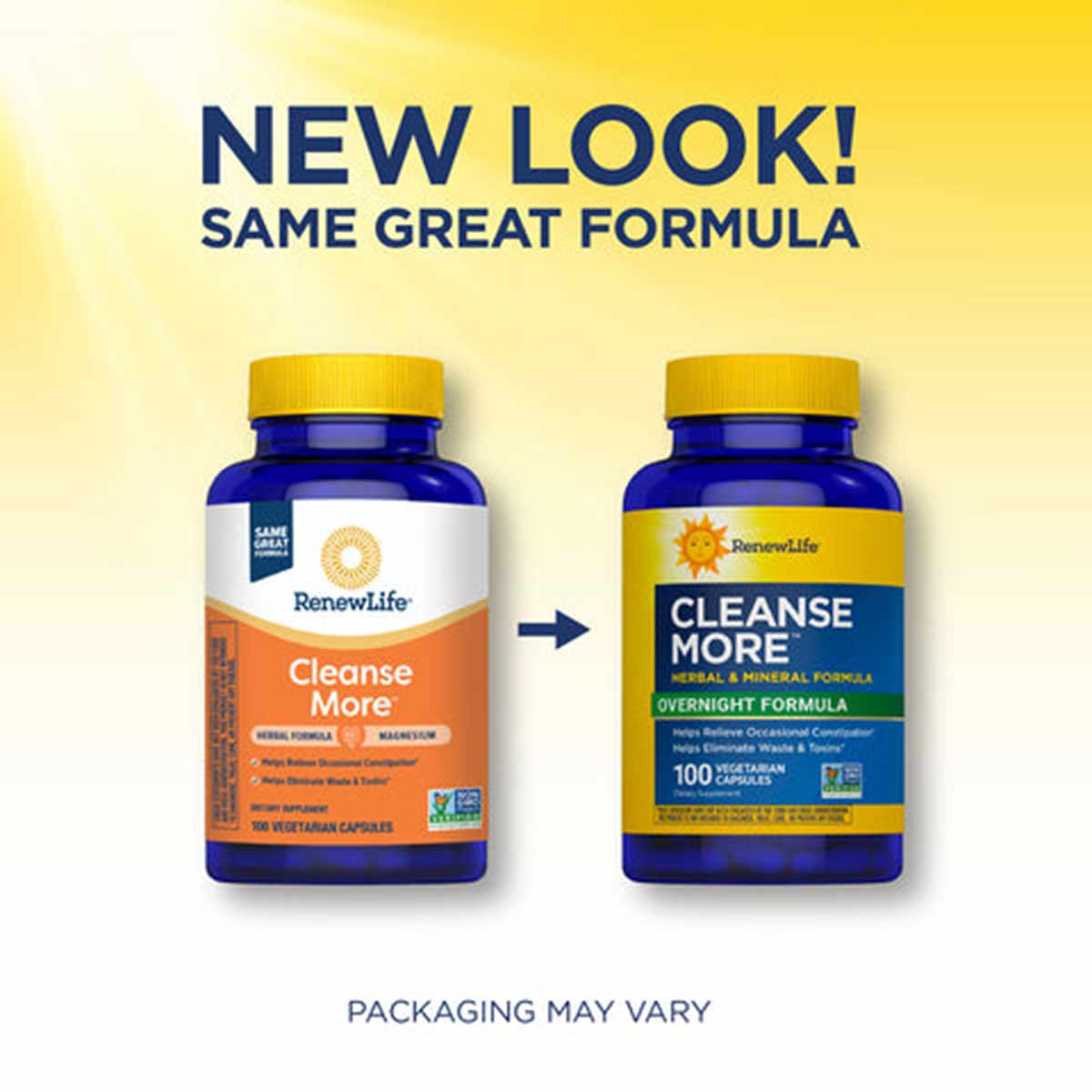 Two blue bottles with yellow caps labeled Cleanse More by Renew Life, showing old and new packaging designs side by side.