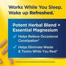 Cleanse More supplement capsules displayed on yellow background with blue text box describing herbal blend and magnesium bene