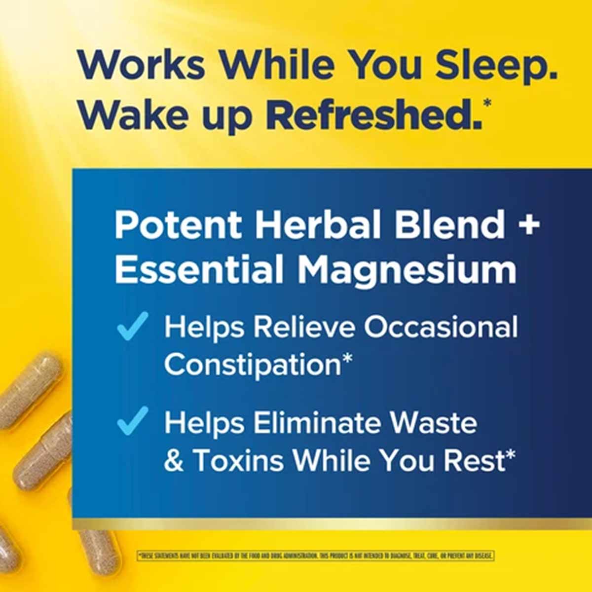 Cleanse More supplement capsules displayed on yellow background with blue text box describing herbal blend and magnesium bene