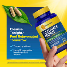Renew Life Cleanse More bottle with yellow cap held in hand, with green leaf and capsules on blue and yellow background.