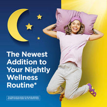 Woman holding pink pillows against blue and yellow background with moon and stars graphic.