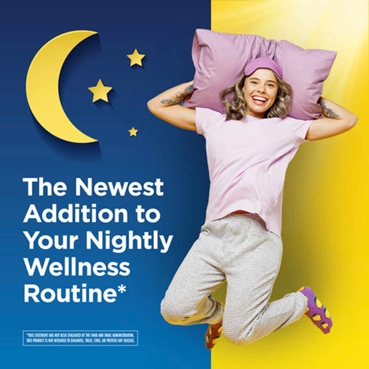 Woman holding pink pillows against blue and yellow background with moon and stars graphic.