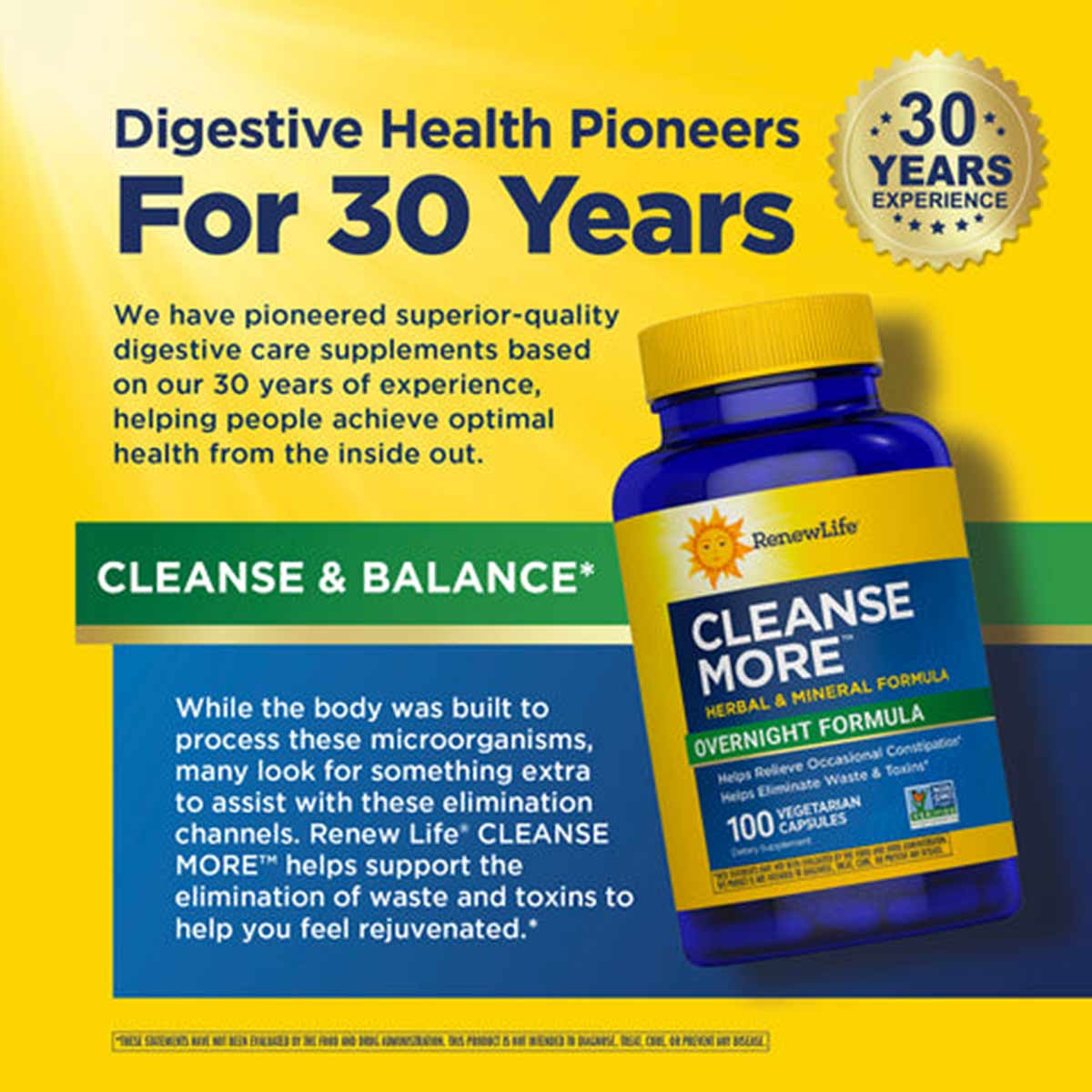 Renew Life Cleanse More bottle with yellow cap containing 100 vegetarian capsules on yellow background.