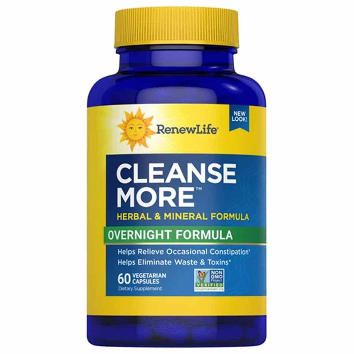 Blue and yellow bottle of Renew Life Cleanse More herbal and mineral overnight formula dietary supplement containing 60 veget