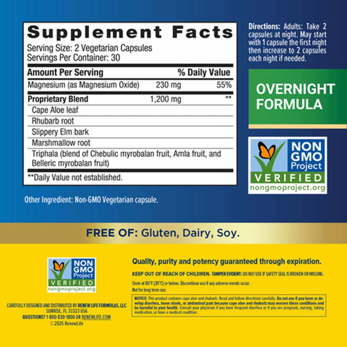 Supplement Facts label for Cleanse More overnight formula with magnesium and herbal ingredients, Non-GMO Project verified.