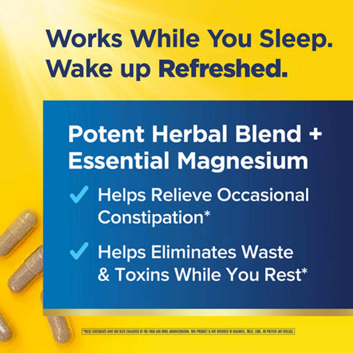 Cleanse More supplement package with yellow background, blue panel, and tan capsules displayed on left side.