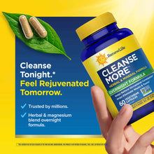 Renew Life Cleanse More bottle with yellow label held in hand, displayed against yellow and blue background with green leaf a