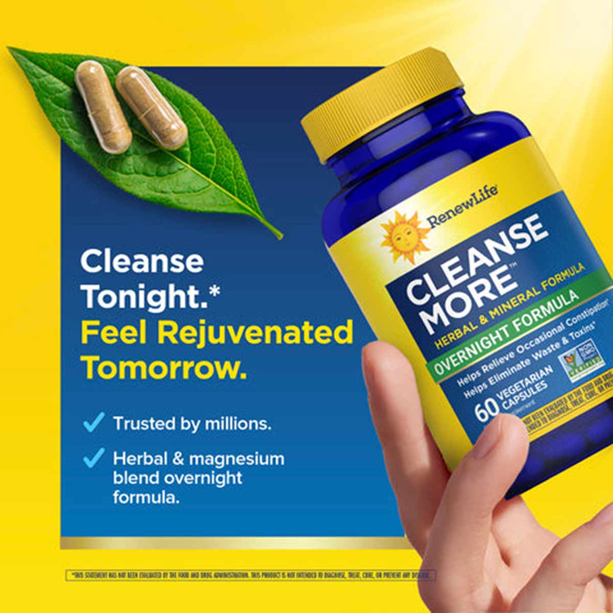 Renew Life Cleanse More bottle with yellow label held in hand, displayed against yellow and blue background with green leaf a