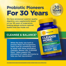 Blue bottle with yellow label containing "Cleanse More" herbal and mineral formula vegetarian capsules by Renew Life on yello