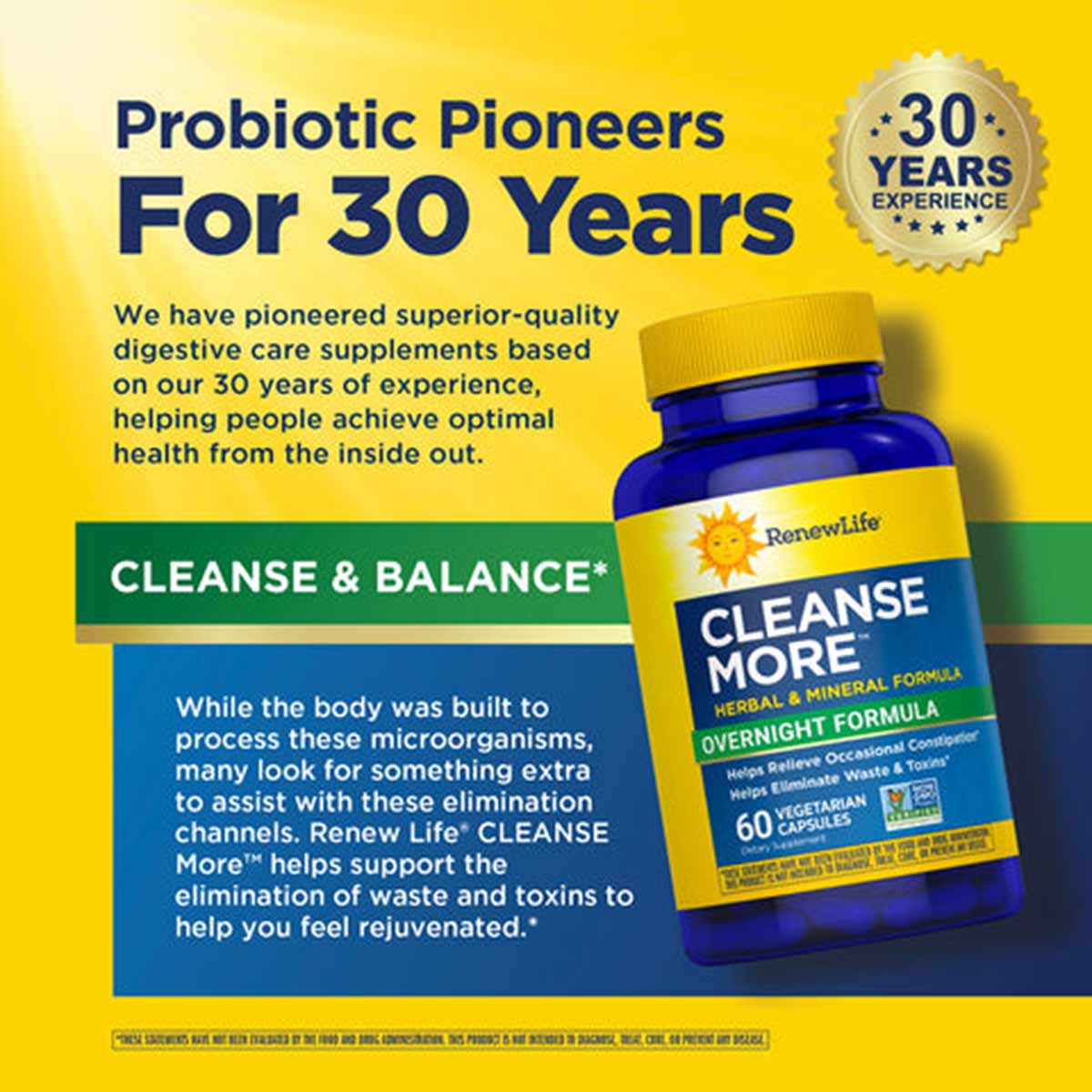 Blue bottle with yellow label containing "Cleanse More" herbal and mineral formula vegetarian capsules by Renew Life on yello