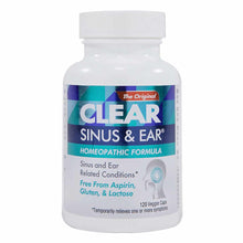 White bottle with white cap containing Clear Sinus & Ear homeopathic formula, 120 veggie capsules.