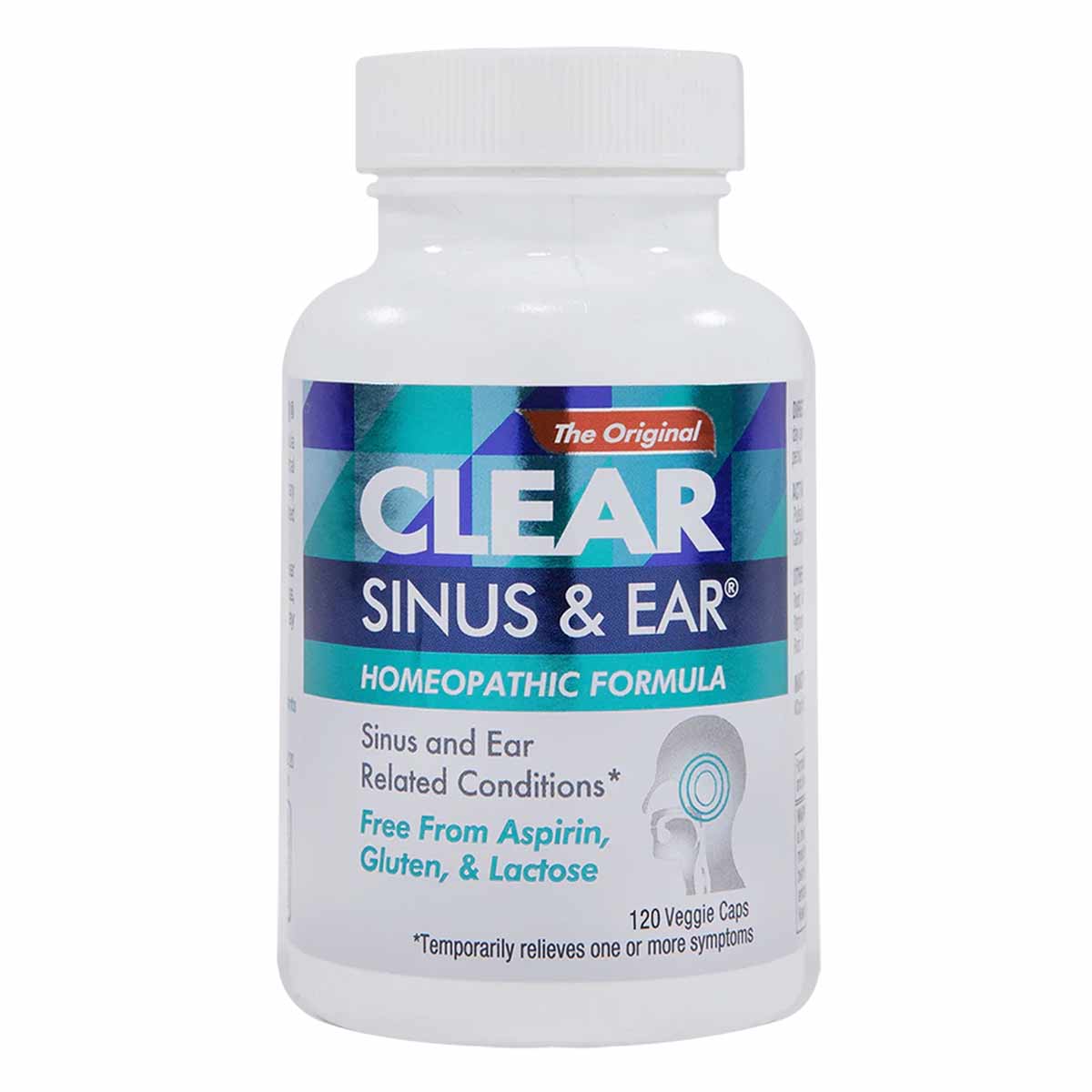 White bottle with white cap containing Clear Sinus & Ear homeopathic formula, 120 veggie capsules.