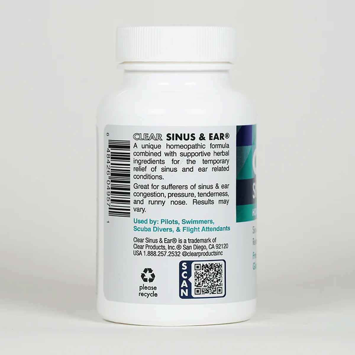 White plastic bottle of Clear Sinus & Ear capsules with white ribbed cap and product label on front.