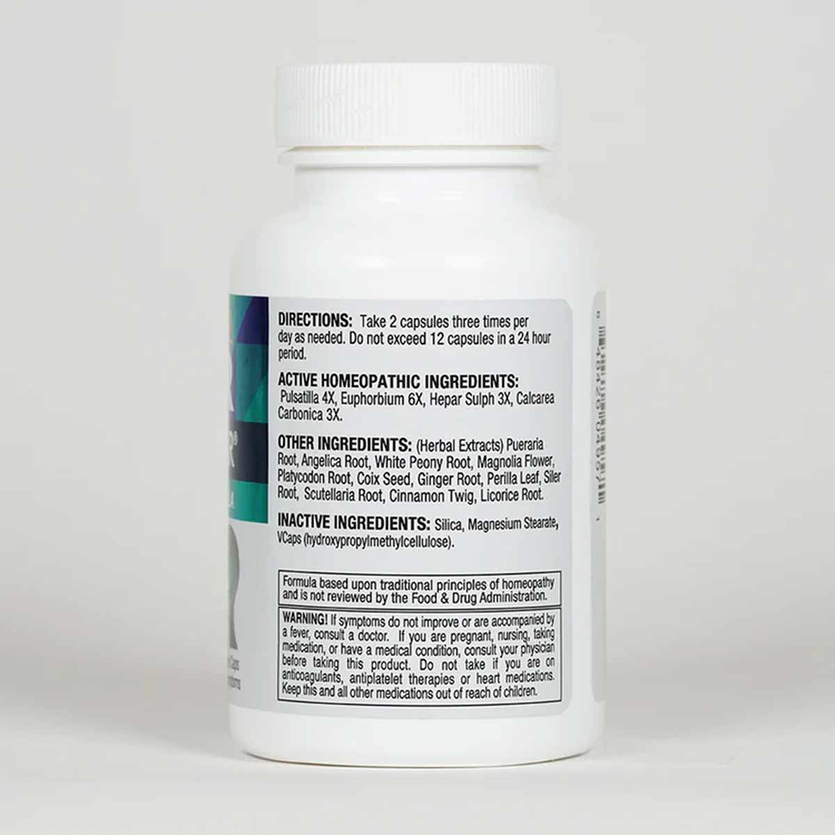White plastic bottle with white screw cap containing capsules, labeled with directions, active ingredients, and warning infor