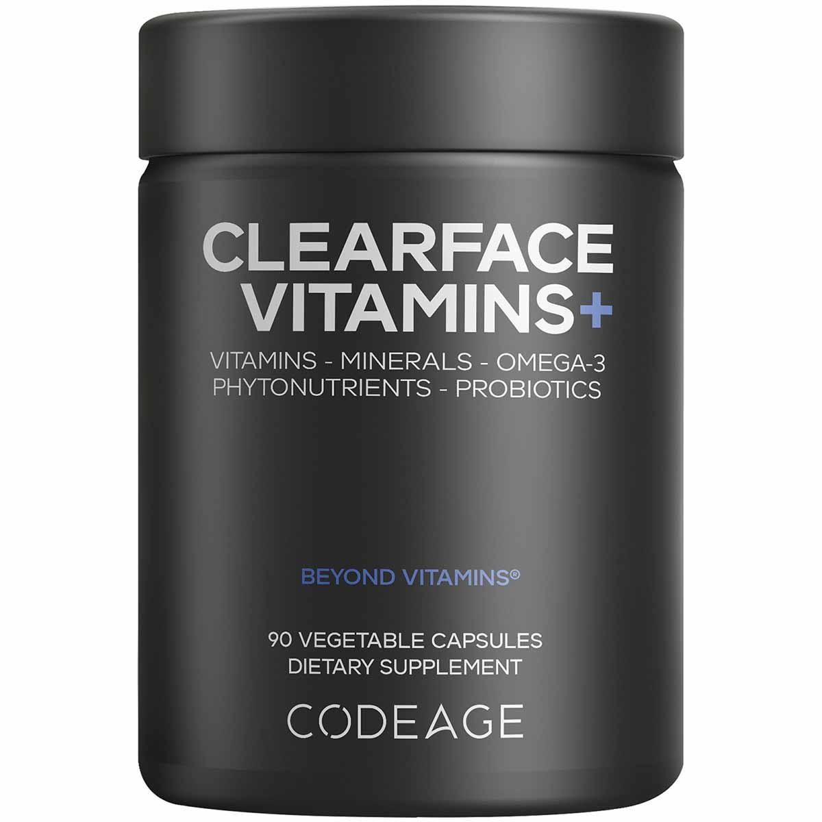 Black cylindrical bottle of Clearface Vitamins+ dietary supplement with white text and blue accents, containing 90 vegetable 