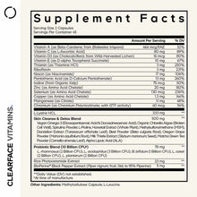Supplement Facts label for Clearface Vitamins+ showing serving size, vitamins, minerals, and proprietary blends with daily va