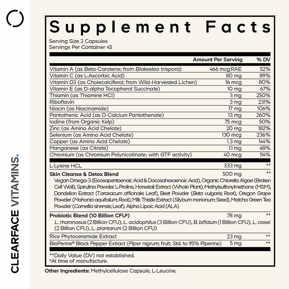 Supplement Facts label for Clearface Vitamins+ showing serving size, vitamins, minerals, and proprietary blends with daily va