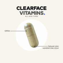 Clearface Vitamins+ capsule supplement with tan color, 0.90 inches in size, for all skin types.