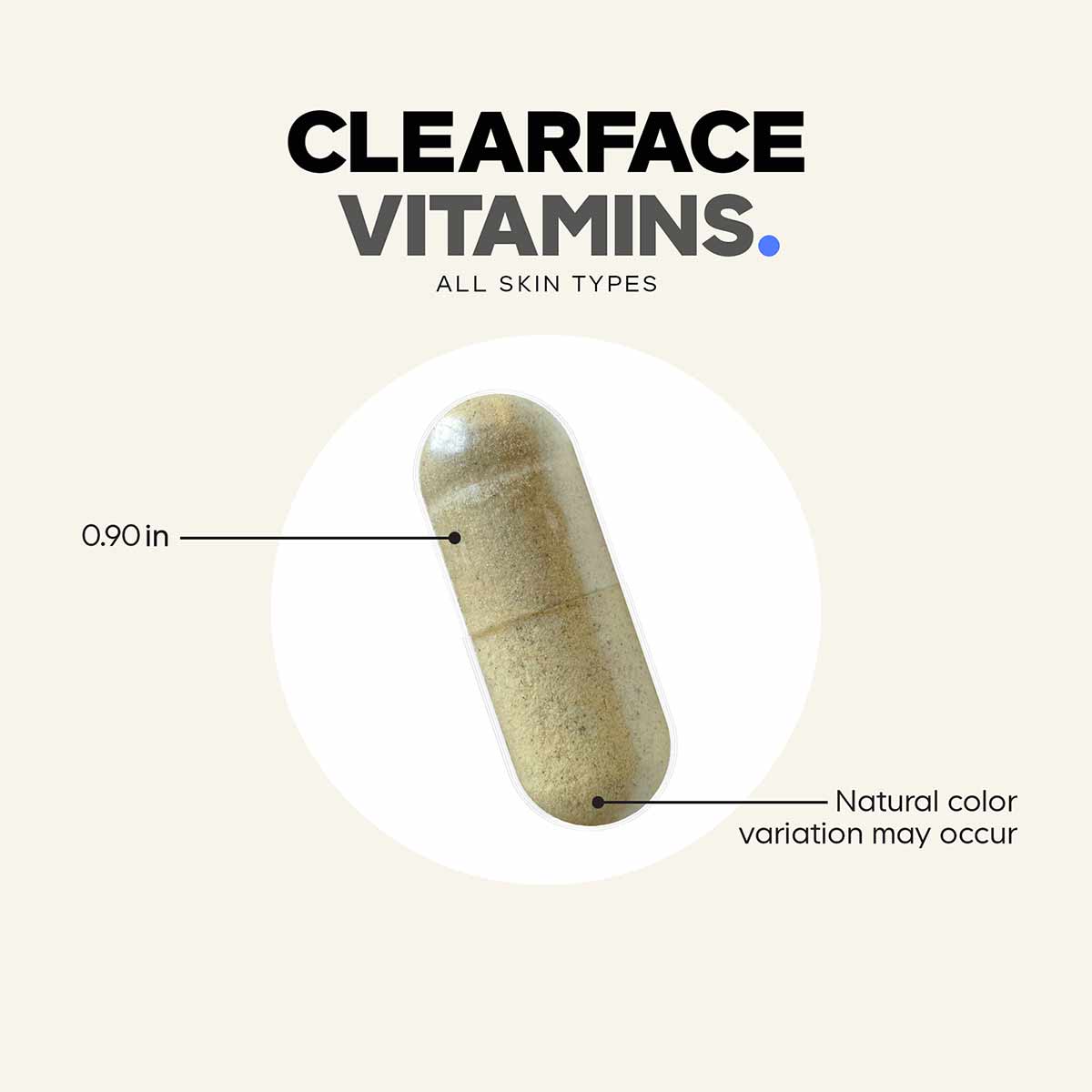 Clearface Vitamins+ capsule supplement with tan color, 0.90 inches in size, for all skin types.