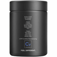 Black cylindrical vitamin bottle labeled with ingredients including amino acids, B-complex, probiotics, algae, copper, zinc, 