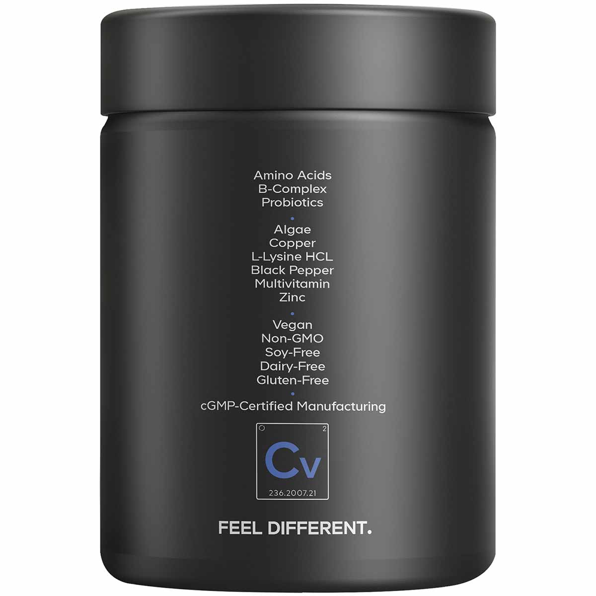 Black cylindrical vitamin bottle labeled with ingredients including amino acids, B-complex, probiotics, algae, copper, zinc, 