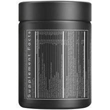 Black cylindrical vitamin supplement bottle with black screw cap and white supplement facts label on front.